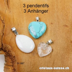 3 pendentifs, Cristal de Roche, Jade blanc, Turquénite. OFFRE SPECIALE