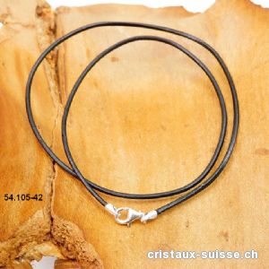 Collier cuir noir / fermoir argent 925. L. 42 cm