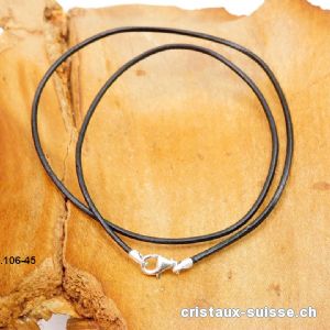 Collier cuir noir / fermoir argent 925. L. 45 cm