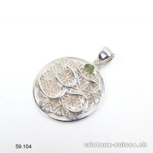 Pendentif Moldavite brute - FLEUR DE VIE et OM en argent 925