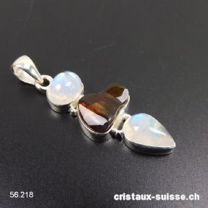 Pendentif Pierre de Lune arc-en-ciel, Agate de Feu et argent 925. Pièce unique