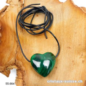 Malachite Coeur 3 cm percé avec cordon  cuir à nouer. Pièce unique