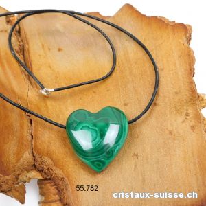 Malachite Coeur 3 cm percé avec chaîne en cuir et fermoir en argent L. 45 cm. Pièce unique