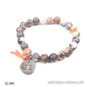 Bracelet Marbre zébré gris et rose 8,5 mm / 18 - 19 cm. Avec charm BOUDDHA