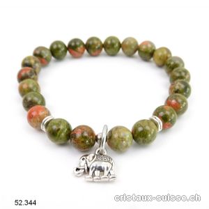 Bracelet Unakite - épidote 8,5 mm / 19 cm. AVEC ELEPHANT. Offre Spéciale