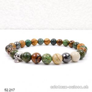Bracelet CRÂNE Oeil de Tigre, Chrysocolle, Jaspe paysage, Hématite 8 mm / 21 cm