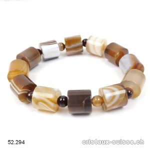 Bracelet Agate Café à bandes 12 mm, élastique 18,5 - 19 cm. Offre Spéciale