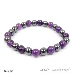 Bracelet Améthyste - Hématite 8 mm, élastique 18,5 cm