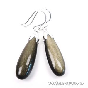 Boucles d'oreilles Obsidienne dorée en argent 925