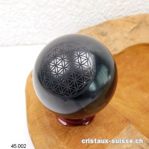 Boule Schungite 5 cm avec gravure Fleur de Vie et support