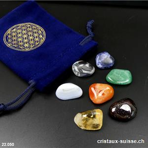 Kit Chakras 7 cristaux - pochette Fleur de Vie, avec Grenat