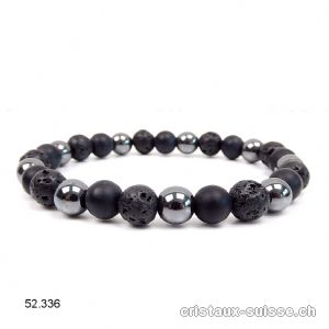 Bracelet Lave - Obsidienne matte- Hématite 7 - 8 mm / 21 cm