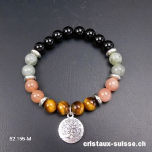 Bracelet Onyx - Labradorite - Pierre de Lune - Oeil de Tigre 8 mm / 18,5 cm, ARBRE DE VIE. Taille M