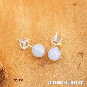 Clous d'oreilles Calcédoine bleue, boule 6 mm en argent 925. Qual. A