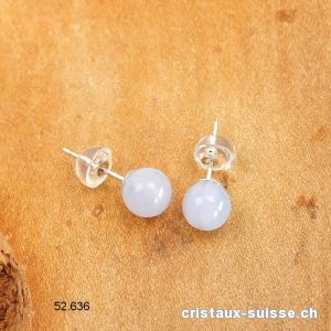 Clous d'oreilles Calcédoine bleue, boule 6 mm en argent 925. Qual. A