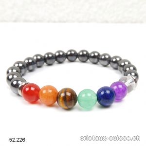 Bracelet 7 Chakras et Hématite 8 mm, élastique 18,5 cm. Taille M