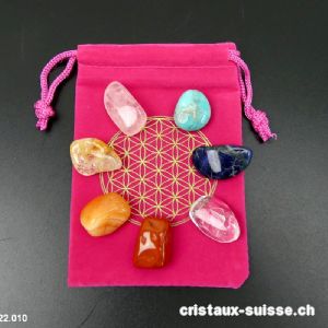 Kit Chakras Fleur de Vie et 7 cristaux. Avec Amazonite du Pérou