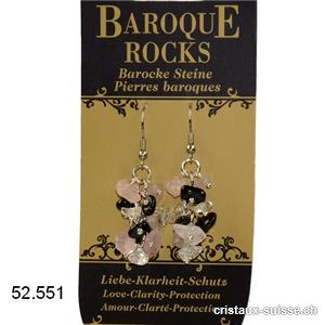Boucles d'oreilles Tourmaline noire, Cristal de roche, Quartz rose, env. 5 cm