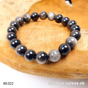 Bracelet Obsidienne argentée 10 mm, élastique 18,5 cm