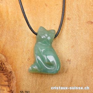 Aventurine verte percée CHAT 3 cm avec cordon cuir à nouer. Qual. AB. Offre Spéciale