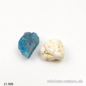 1 x Apatite bleue brute et 1 x Magnésite nodule. Taille S, 1 à 2 cm. Offre Spéciale