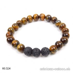 Bracelet Oeil de Tigre et Lave 8 mm / 18 cm. Taille SM