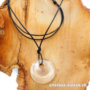 Collier Donut Cristal de roche 3 cm avec cordon en cuir noir noué