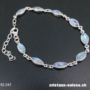 Bracelet Pierre de Lune arc-en-ciel Navette en argent 925, réglable 17 - 20 cm