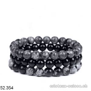 3 bracelets Larvikite-Onyx-Obsidienne Flocons de Neige