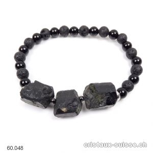 Bracelet Tourmaline noire, Onyx brillant, Lave. Env. 19 cm