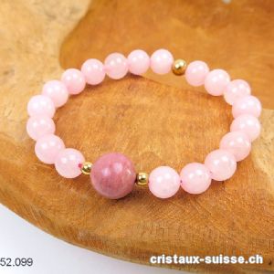 Bracelet Quartz rose - Rhodonite 8 mm / 18 cm. Taille M