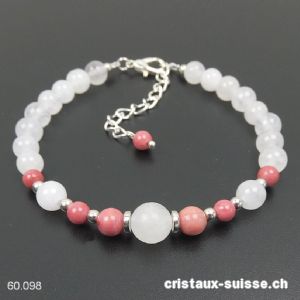 Bracelet Rhodonite - Jade blanc, réglable 19 - 23,5 cm