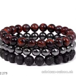 3 bracelets ANCRAGE et FORCE - Oeil de Tigre Rouge, Hématite, Lave