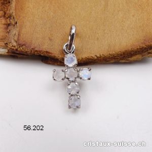 Pendentif petite CROIX Pierre de Lune arc-en-ciel en argent 925