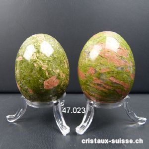 Oeuf Unakite- épidote 5 x 3,8 cm, avec support plexiglas