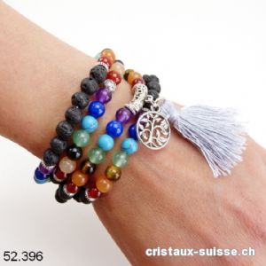 Bracelet  7 Chakras et Lave, Mala élastique. Avec Pompon et Arbre de Vie