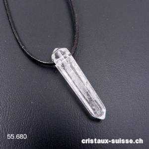 Cristal de roche percé, taille biterminée 3,5 cm avec cordon en cuir à nouer. OFFRE SPECIALE