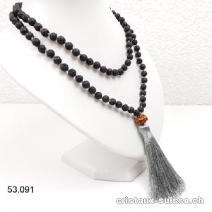 Collier Lave - Mala noué 108 perles / 80 cm, avec Rudraksha et Pompon argenté