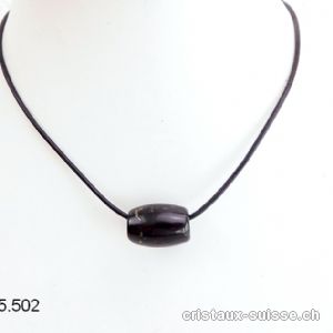 Schungite cylindre percé avec collier en cuir 45 cm, fermoir en argent.