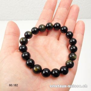 Bracelet Obsidienne dorée 10 mm, élastique 18,5 - 19 cm