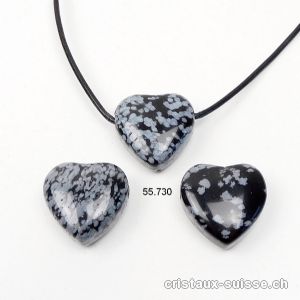 Obsidienne Flocons de Neige, coeur percé 2 cm avec cordon cuir à nouer