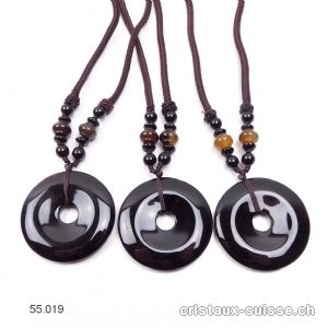 Collier Donut Onyx noir 4 cm, avec cordon tissu brun foncé