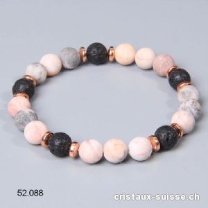 Bracelet Marbre zébré rose et gris MAT avec Lave 8 mm / 19 cm