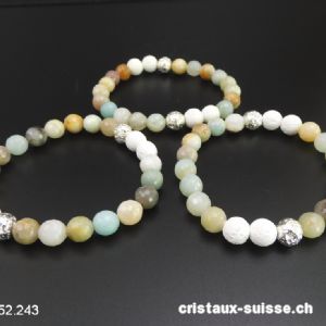 Bracelet Amazonite multicolore facettée et Lave blanche 8 mm, élastique 19 cm. OFFRE SPECIALE