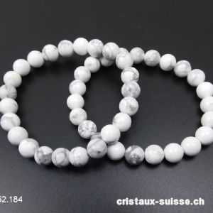 Bracelet Magnésite - Howlite blanche 8 mm, élastique 19 cm