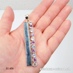 Pendentif Cyanite bleue, Améthyste, Topaze en argent 925. Pièce unique XXL