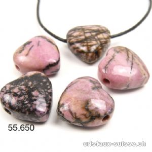 Rhodonite coeur percé 2 cm, avec cordon en cuir à nouer