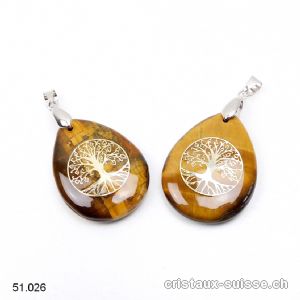 Pendentif Oeil de Tigre, goutte avec Arbre de Vie 3 x 2,5 cm