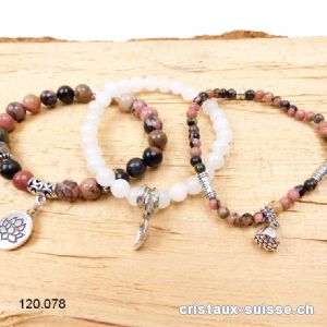 3 bracelets APAISEMENT, Rhodonite et Jade blanc. Offre Spéciale