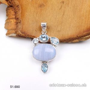 Pendentif Calcédoine bleue rubanée, Topaze bleue en argent 925. Pièce unique